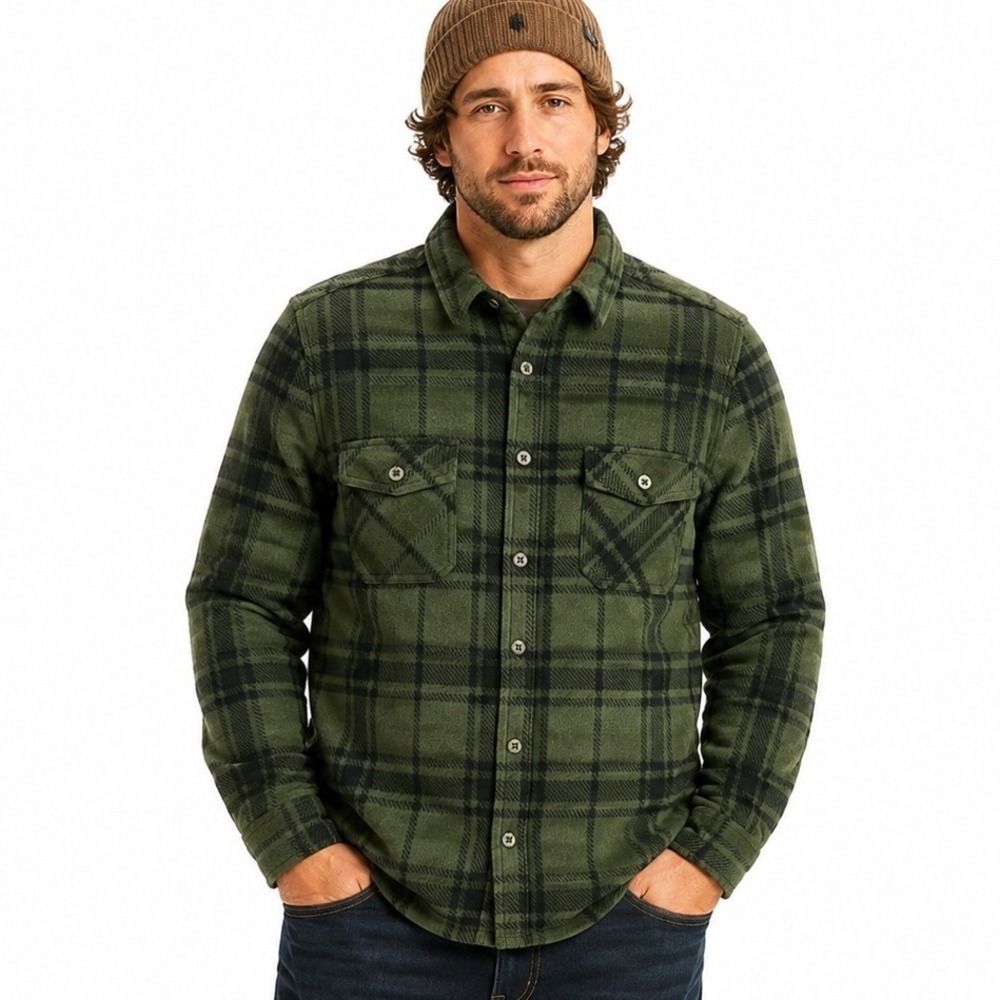 Freedom Foundry Plaid Fleece Shirt Mens Medium Green New Grizzly Flex Stretch